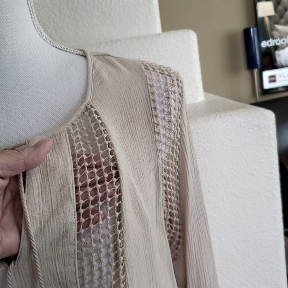 Joseph A Cream Taupe Boho Gauze Crochet Detail Top Medium - Picture 2 of 5